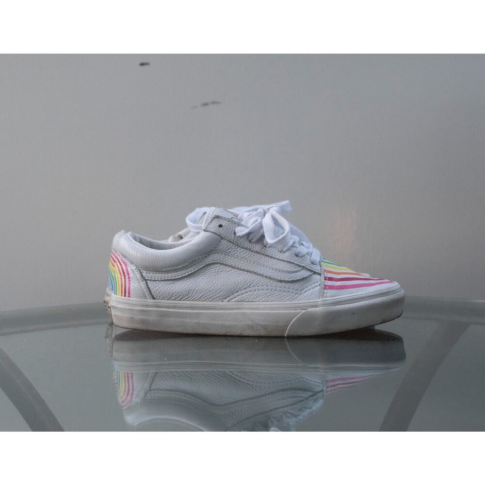 Vans Old Skool Flour Shop Soft Leather White Rainbow Sneaker Men 5.5 / Women 7
